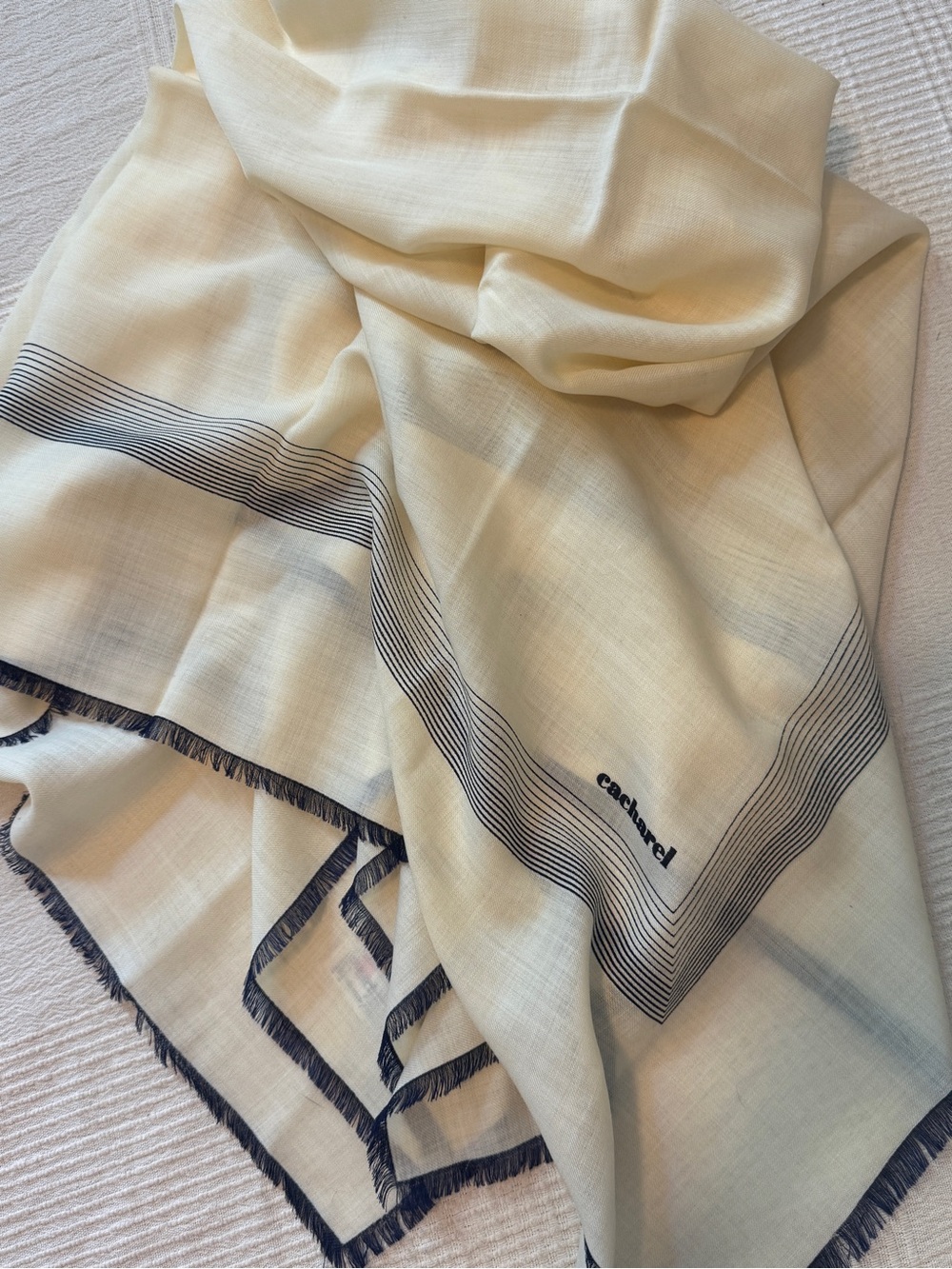 Cacharel Vintage Cream & Navy Large Square Summer Scarf Shawl Sarong 52”
